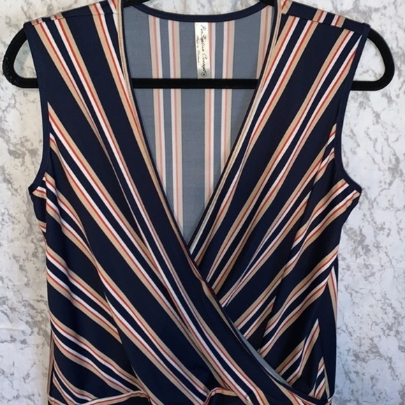 PerSeption Concept Sleeveless Faux Wrap Top Navy Red Tan Ladies Size Medium - Picture 6 of 7